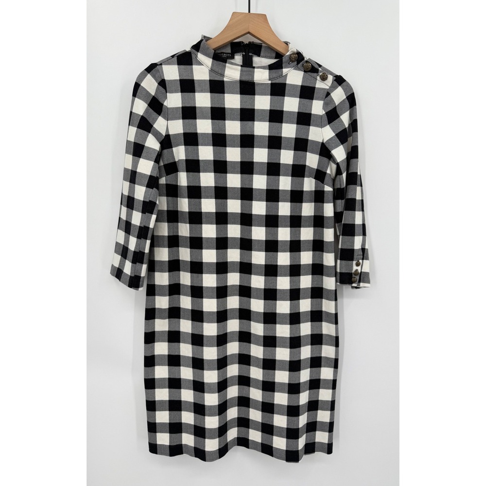 Talbots Dress Womens Medium Petite Black White Gingham‎ Check Holiday Party